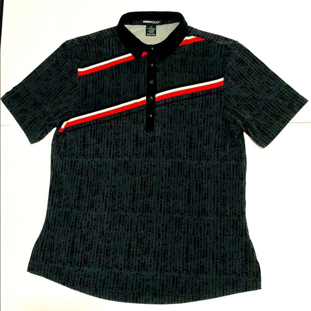 DKNY Golf Active Women Dark Gray Stripes Red/White Shorts Sleeves Sz Medium
